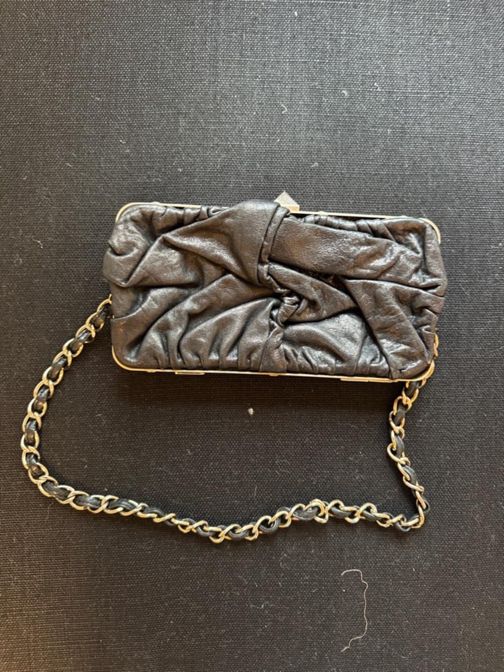 Sonia Rykiel Black Ruched Leather Frame Clutch with Chain Strap